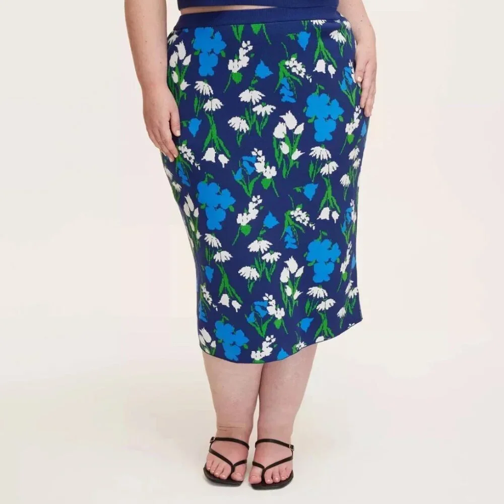 Kate Spade x Target Mixed Floral Sweater Knit Midi Skirt Blue Green Size XXL